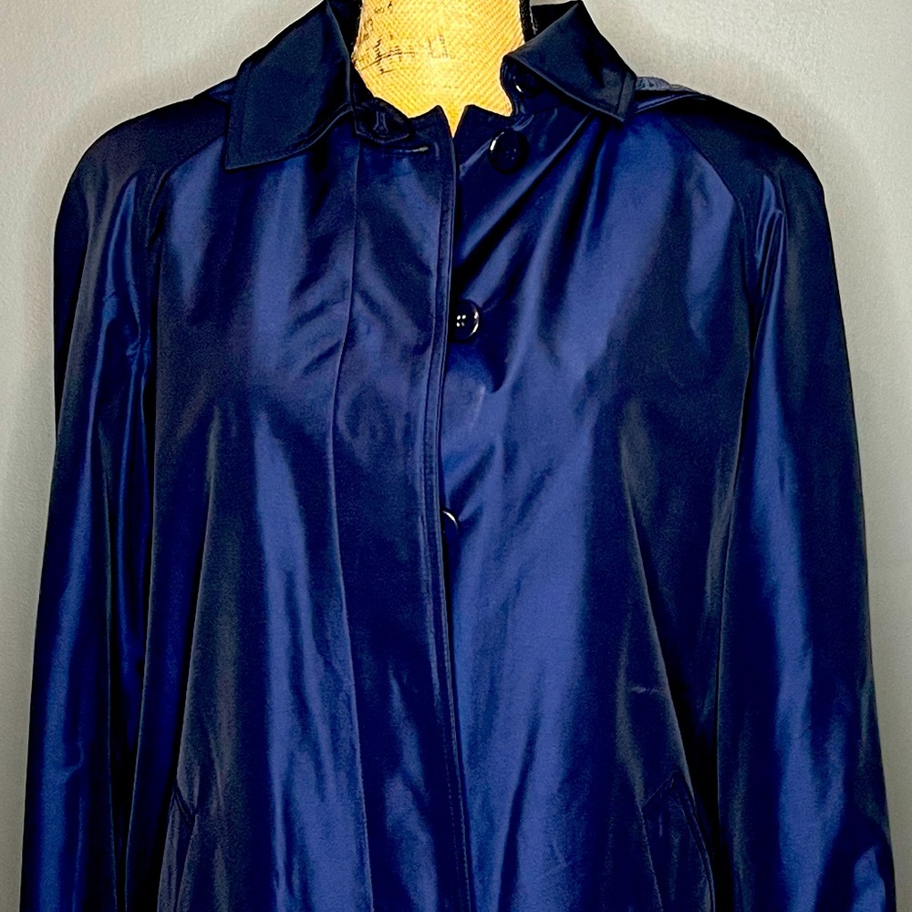 NWOT - Long Royal Blue Hooded Raincoat, with Belt.  10 Petite